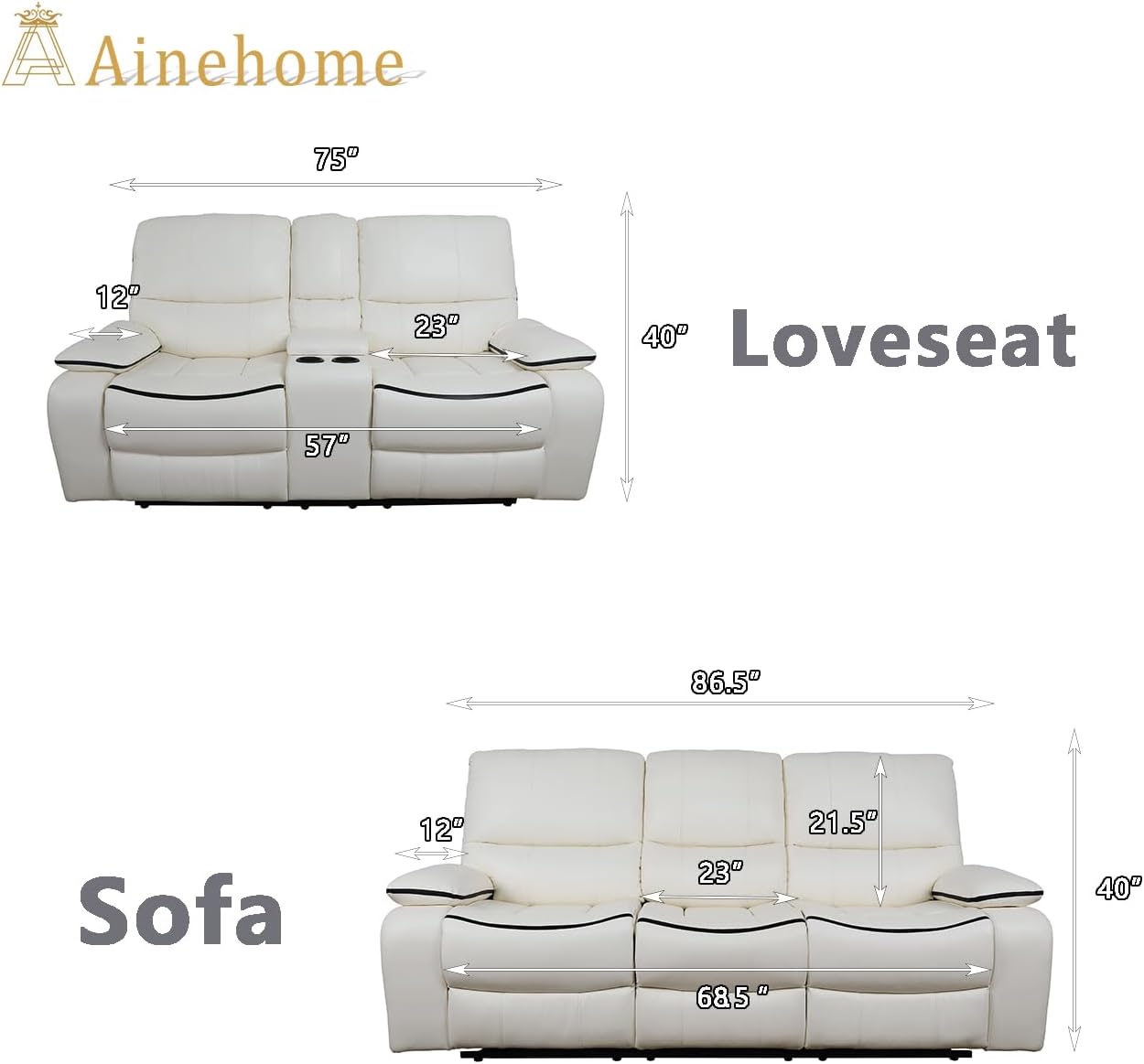A Ainehome Furniture Living Room Reclining Sofa Sets Vegan Leather Luxury Recliner Sofa Office Recliner Couch and loveseat and Chair for Living Room(B-White Leather,Loveseat+Sofa)