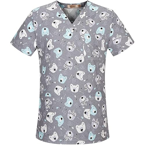 niaahinn Cartoon Printed Nursing Hospital Uniforms for Women V-Neck Scrubs Tops Professional Comfortable Medical Uniform