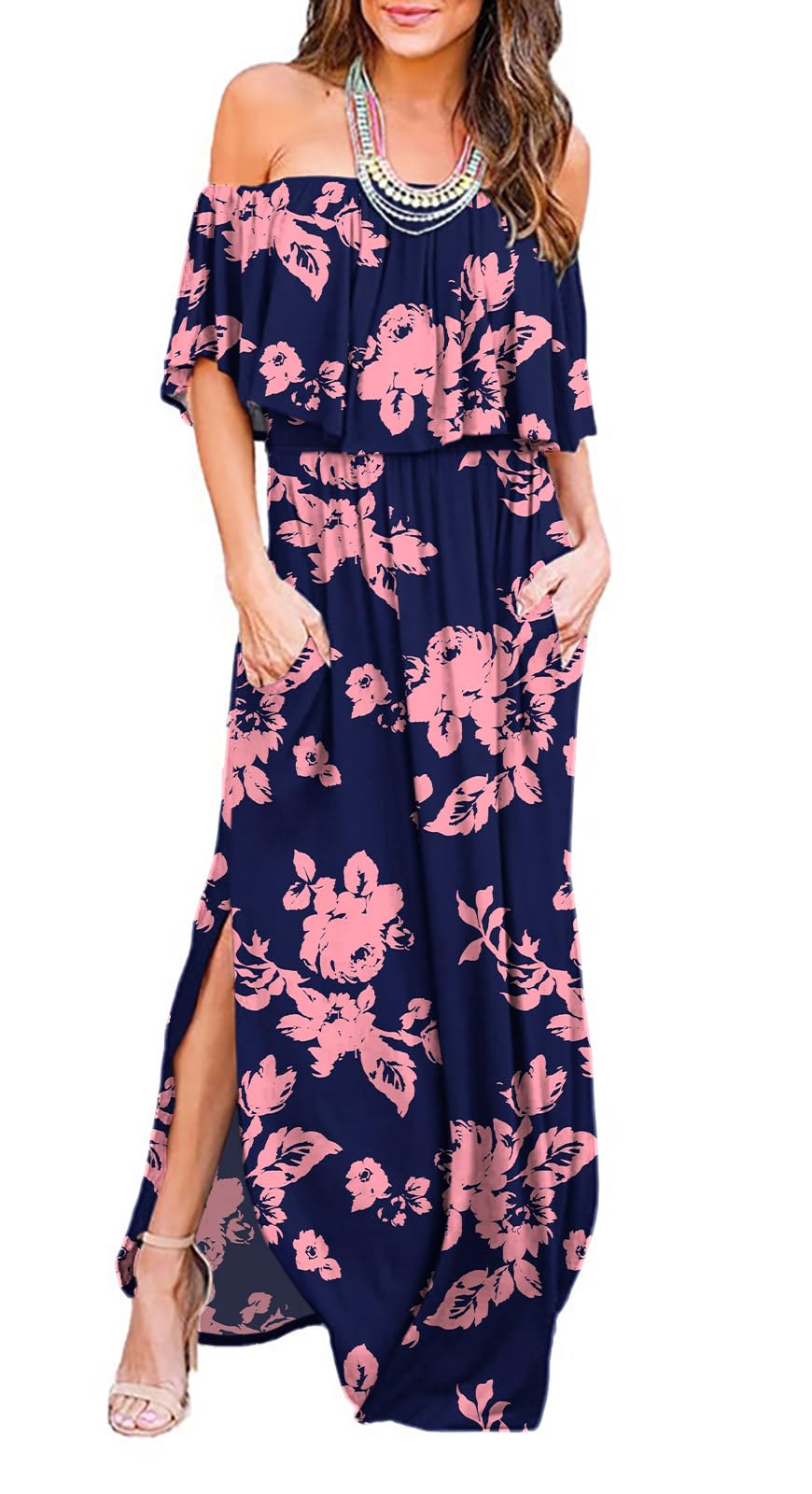 LILBETTERWomens Off The Shoulder Ruffle Party Dresses Side Split Beach Maxi Dress