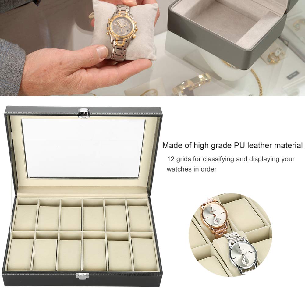 Organizzatore di scatole di immagazzinaggio per vetrine per orologi in pelle PU con 12 griglie per custodia per orologi con copertura in vetro con chiusura a chiave da viag