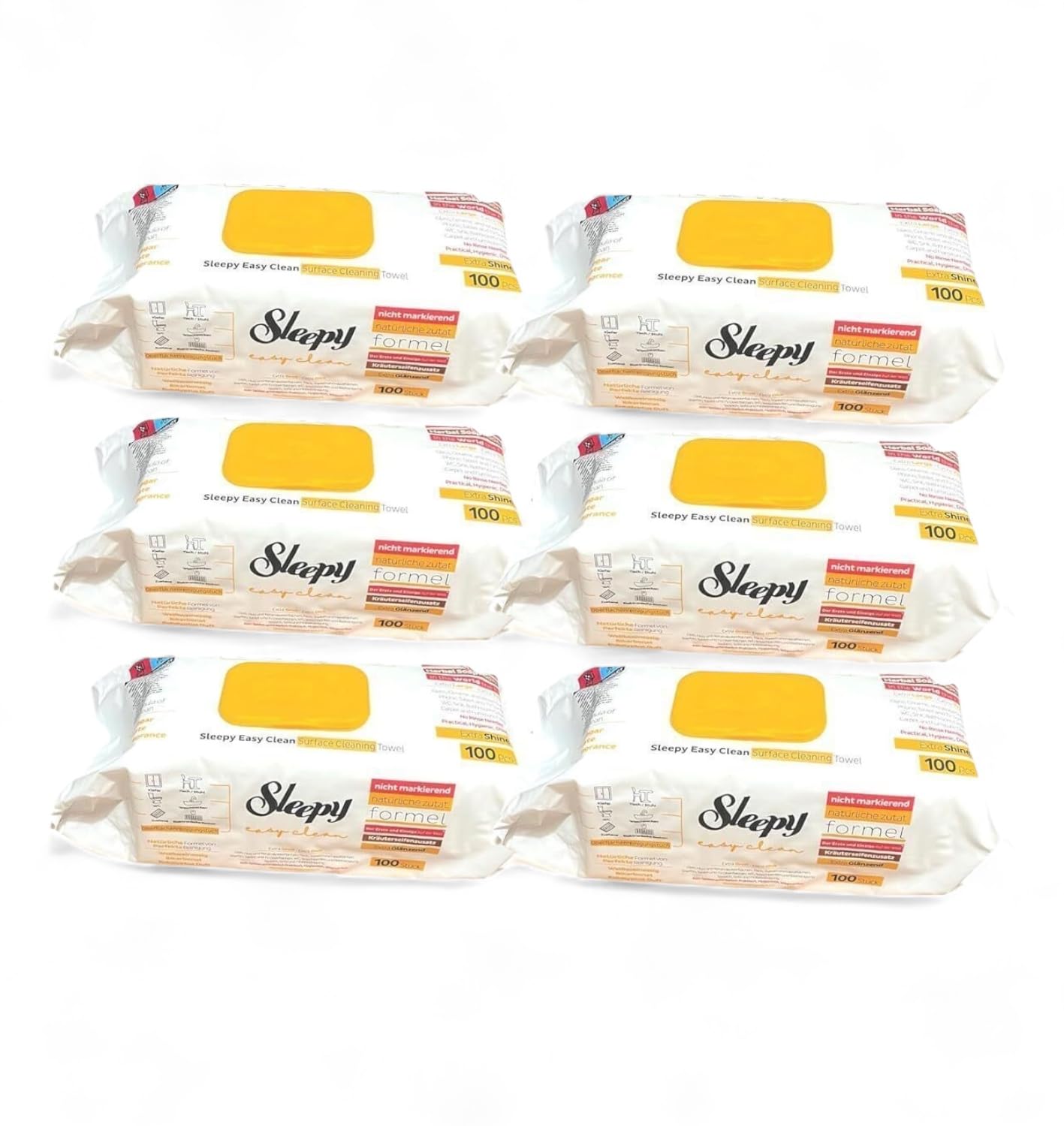 Clearfee Sleepy Lot de 6 lingettes humides de nettoyage de surface, 100 feuilles XXL chacune, jetables, puissantes, au savon aux herbes