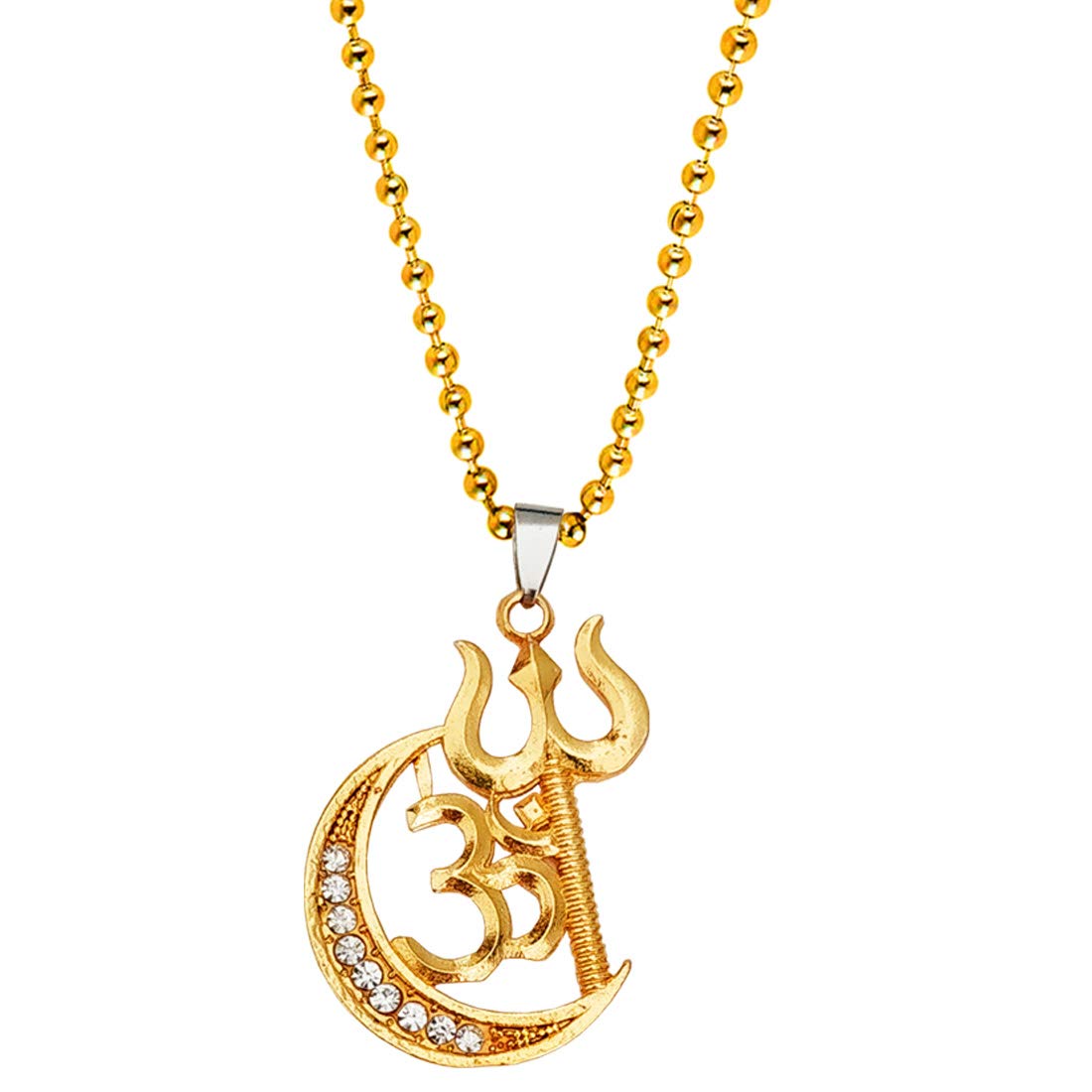 Religious Lord Shiva Om Trishul Locket Gold Brass, Cubic Zirconium Crystal Pendant Necklace Chain for Men and Women-image-31