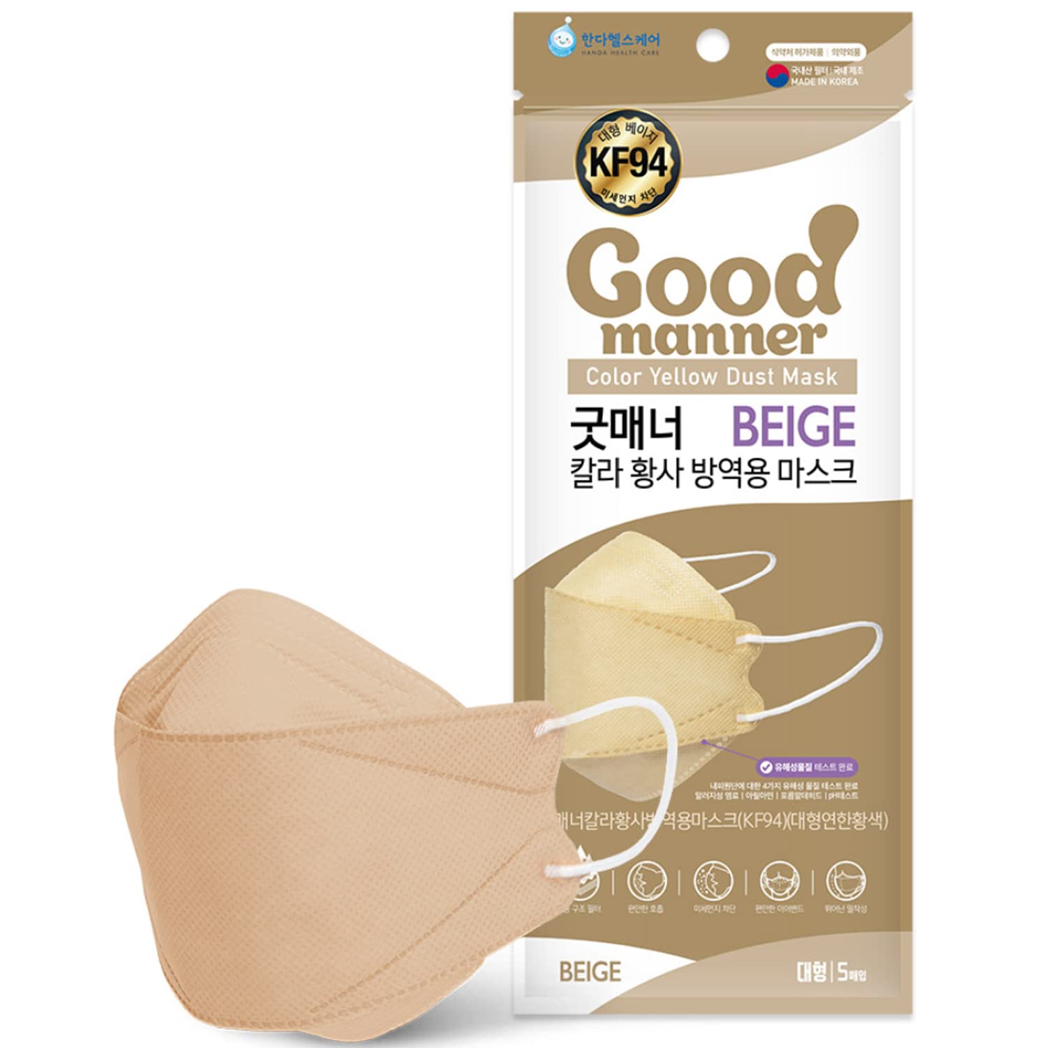 THEPURI KF94 Disposable Face Safety Mask, Beige 5 Masks, Eco-Friendly Packaging - 5 Masks in 1 Pack, Breathable Mask for Adults – Good Manner