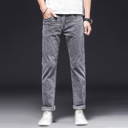 Amazon Co Jp Rmgtz 男性ジーンズストレートミッド級フルレングスカジュアルソリッドブルーグレーデニムジッパーフライスリムパンツ Color Gray Size 33 Code 服 ファッション小物