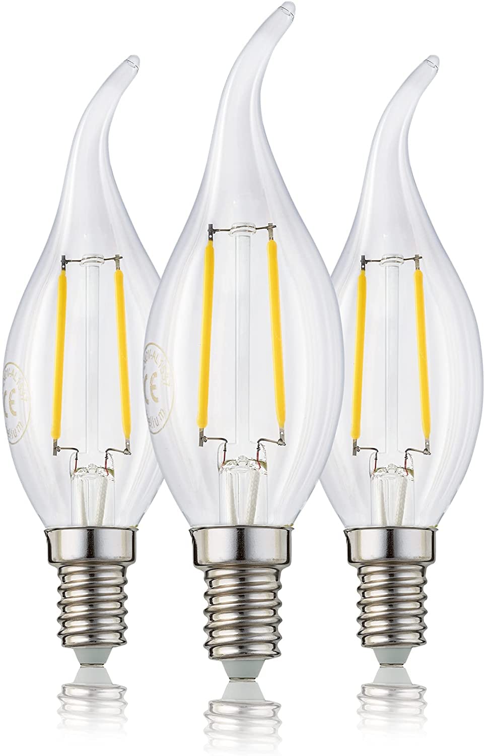 hellum LED Glühlampe, 3er Kerzen-Windstoß Glühbirne E14 LED warmweiß, 250 Lumen Windstoßkerze E14 Leuchtmittel 2W Glühbirne entspricht 25-Watt Kerzenbirnen, 2700 Kelvin Warmweiß klar