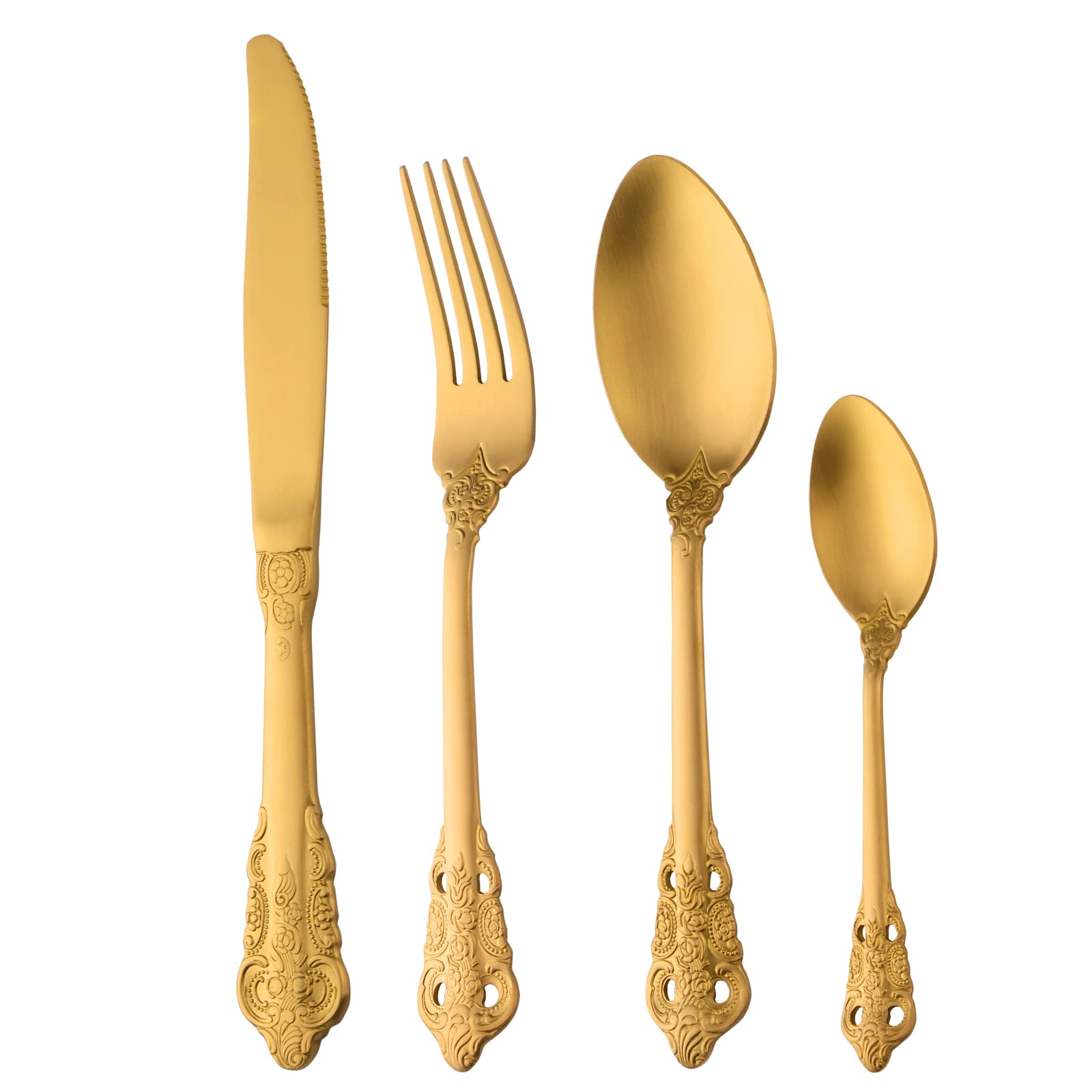 Buyer Star 16 Piece Cutlery Set Tableware Flatware Sets for 4, Sanded Court Relief Pattern Design Stainless Steel Tableware Silverware Set with Spoon Knife and Fork Set, Gold