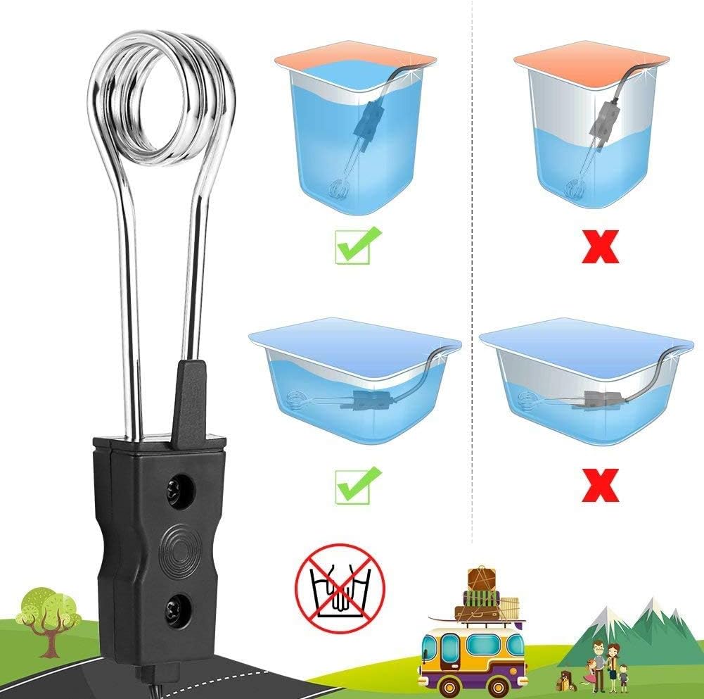 Diagram showing correct and incorrect immersion of the heater