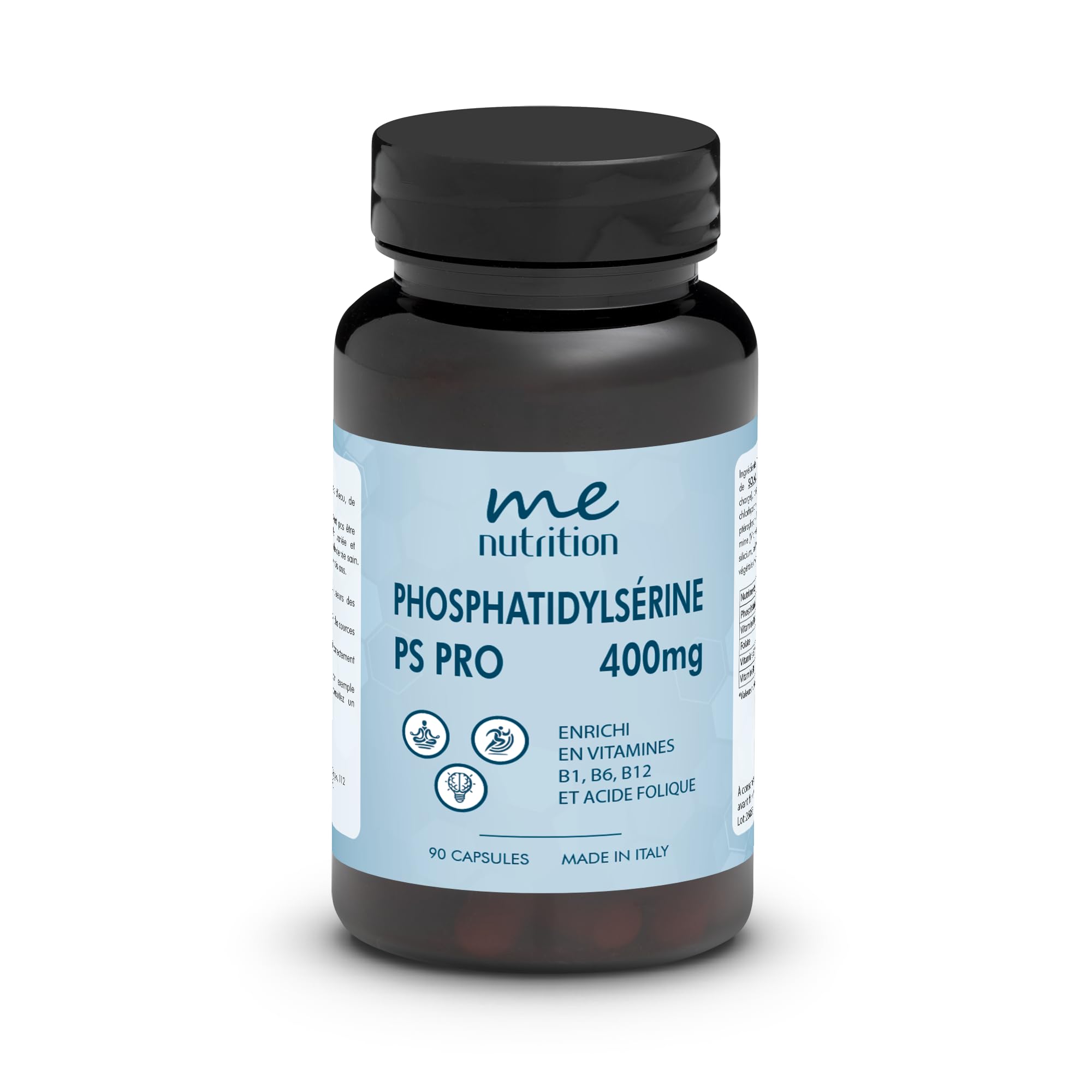 Phosphatidylsérine pure 400 mg combat le cortisol, 90 capsules améliore la mémoire et la concentration, réduit le stress supplément nootropique avec des vitamines B1 B6 B12 Acide folique Me Myeasy