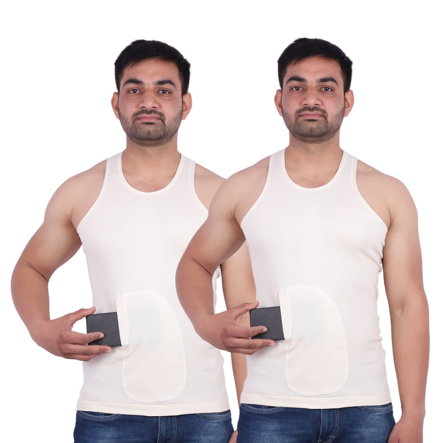 spenca Men's Pocket Cotton Rn Sandow Sleeveless Off-White Vest Tank_Pack of 2-picture-44
