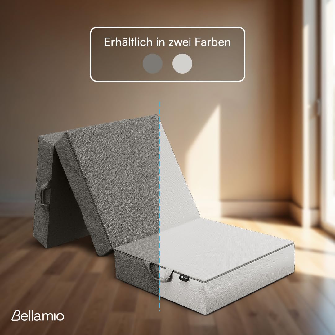 Bellamio Lomme Klappmatratze 90x200 cm – Faltmatratze extra dick 15 cm – Gästematratze Dunkelgrau – klappbare Reisematratze mit Tragegriffen – Faltbare Camping Matratze – Bezug abnehmbar & waschbar