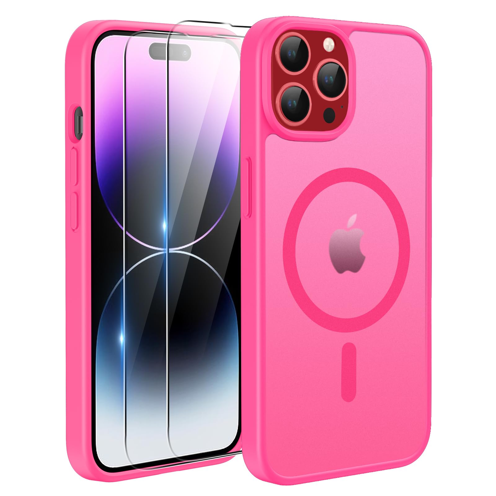 TQIAHF Cover Custodia Magnetica per iPhone 14 Pro, Rosa Rossa | 2 Pellicola Vetro Temperato Protezione Schermo Compatibile con Magsafe Militare Antiurto Sottile Opaca Telefono Case