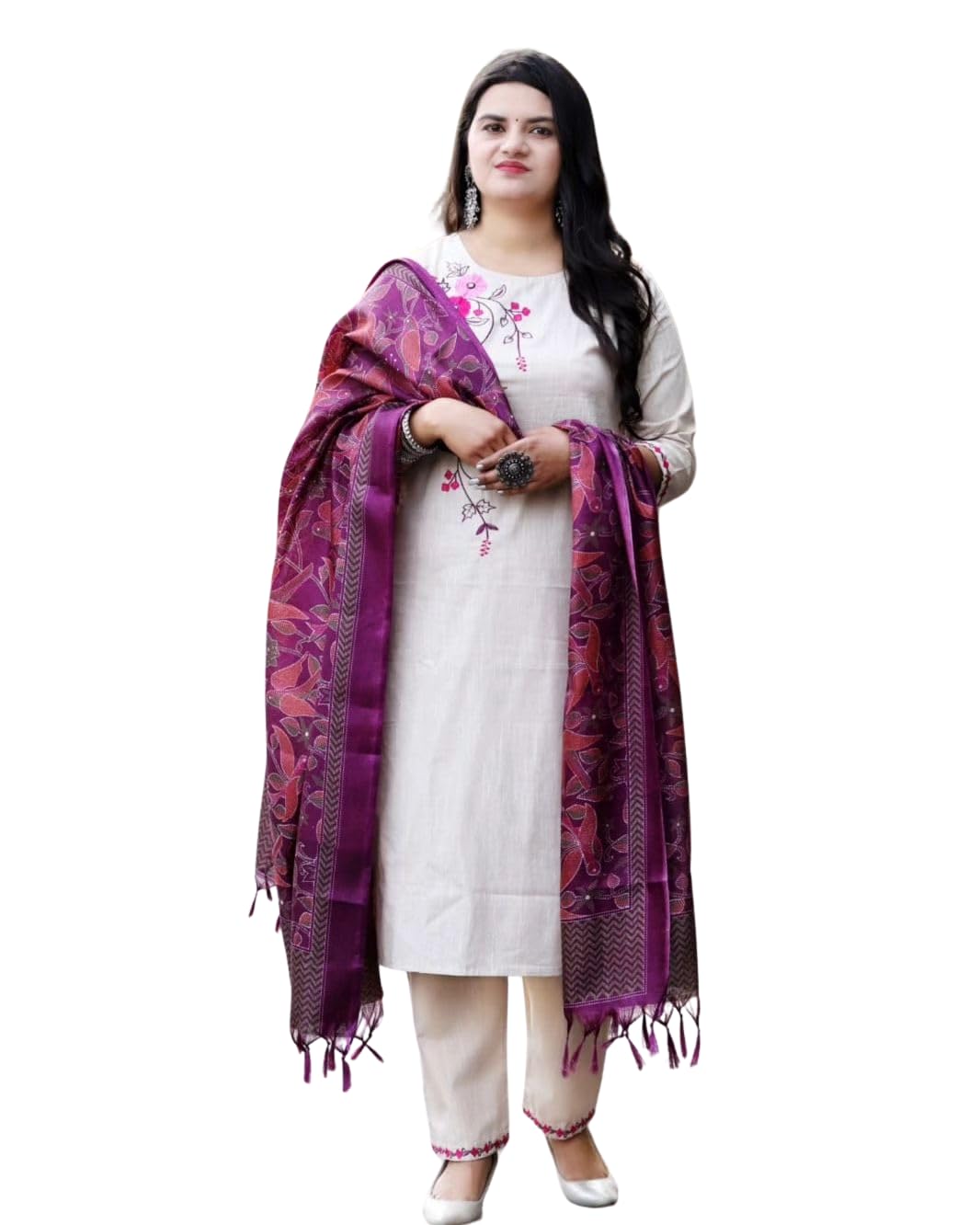 EKRAFT Bharat Women's Cotton Floral Printed Straight Kurti with Pant and Dupatta Set (Beige-M)-image-49