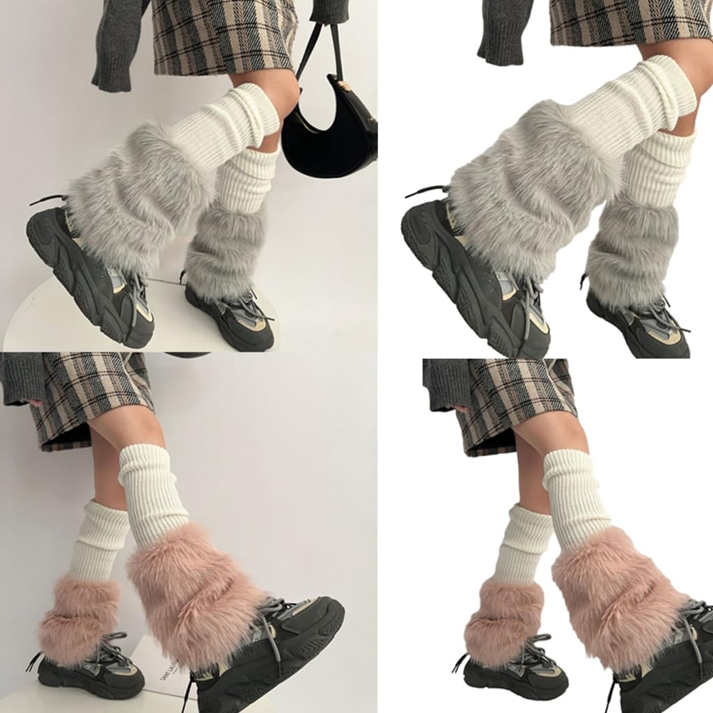 Japanese Women Winter Ribbed Knitted Leg Warmer Furry Plush Patchwork Boot Stacked Long Socks