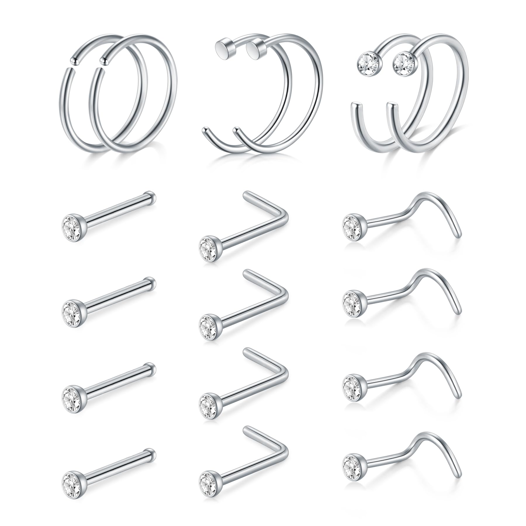 AVYRING Nose Rings Hypoallergenic Stainless Steel L-Shaped Nose Stud Screws with Cubic Zirconia Nose Piercing Jewellery 22G 20G 18G, Pack of 18 Pieces or 24 Pieces — view 17
