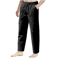 Mens Elastic Waist Pants Straight Leg Linen Pants Elastic Waist Dress Pants Drawstring Lounge Pants with Pockets