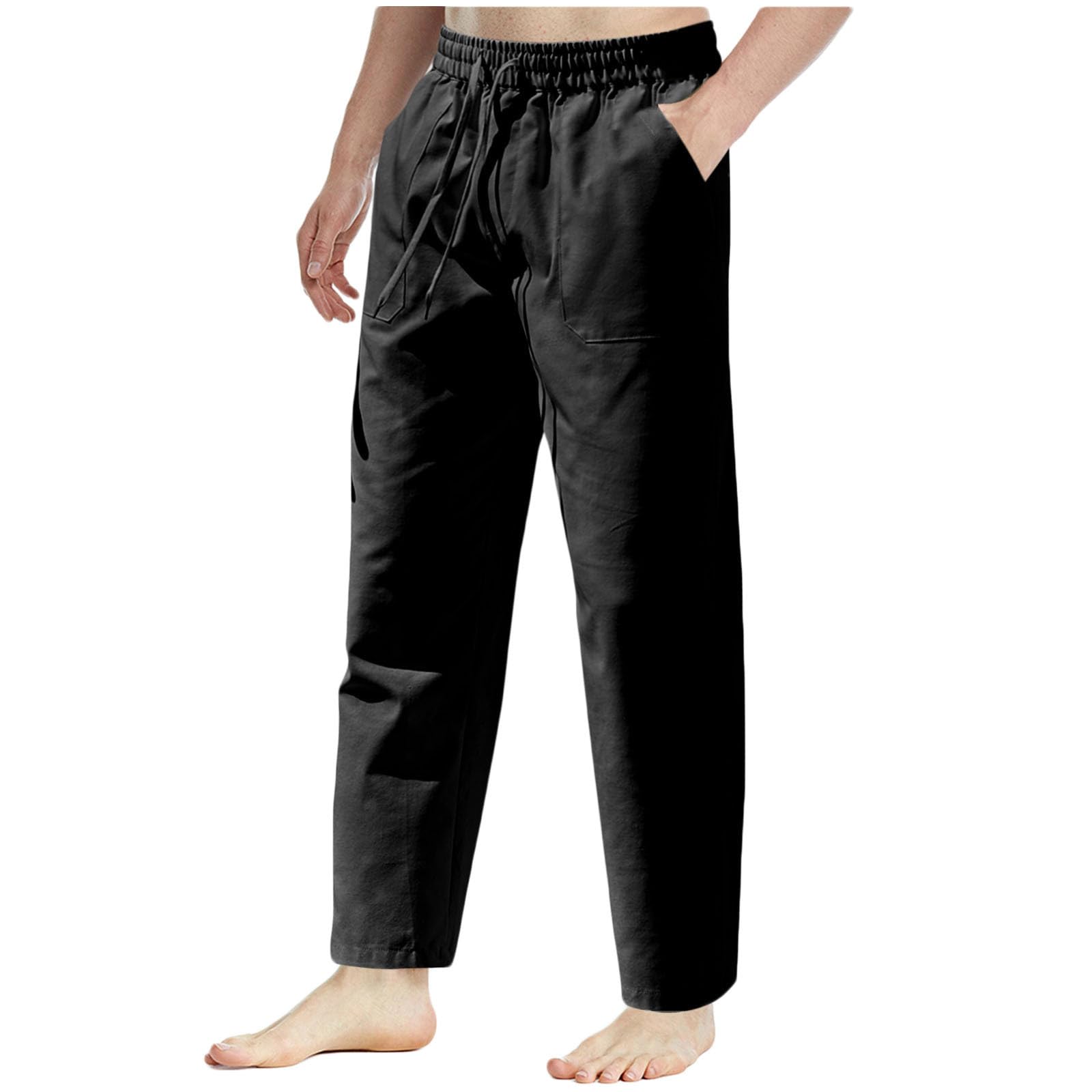Mens Elastic Waist Pants Straight Leg Linen Pants Elastic Waist Dress Pants Drawstring Lounge Pants with Pockets