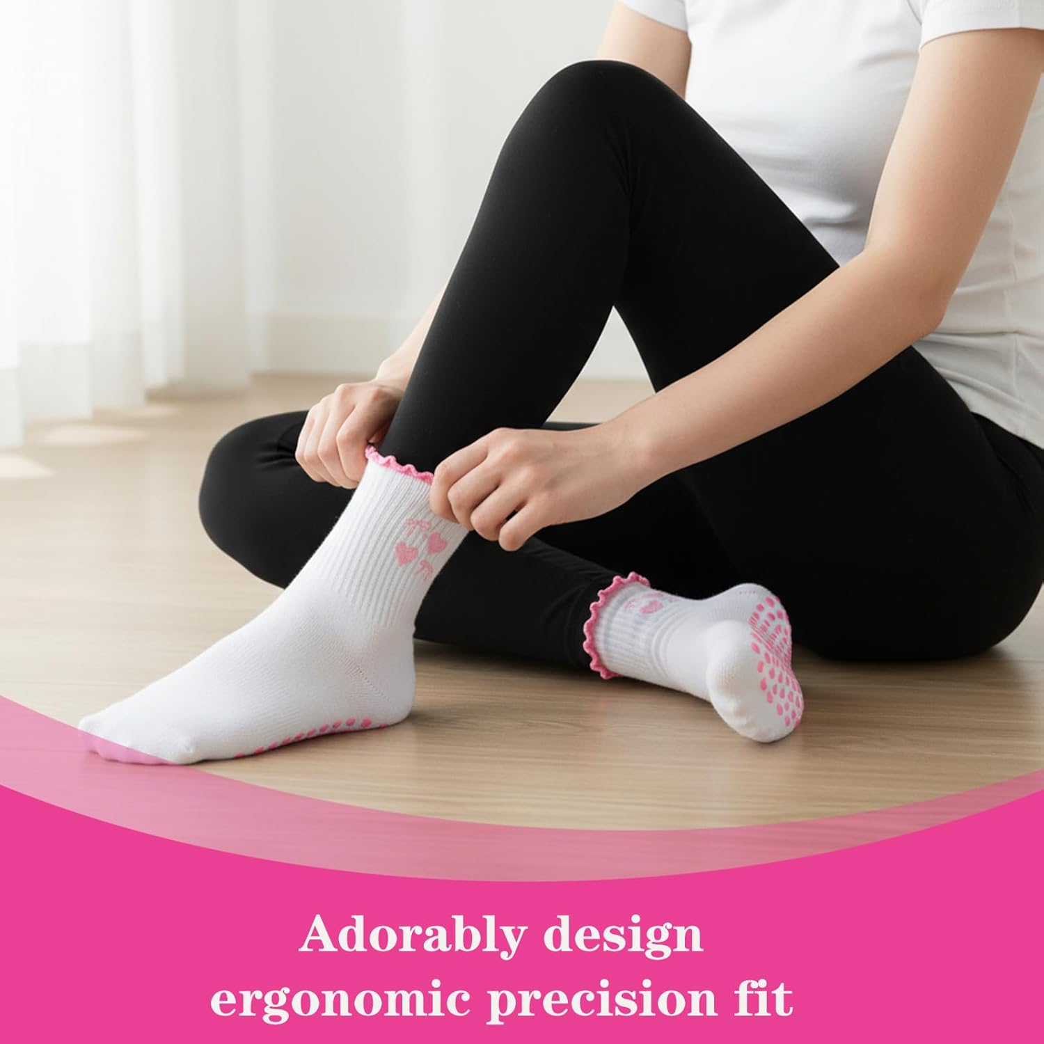 2 Pairs Pilates Socks with Grips for Women, Cotton Non-Slip Yoga Socks Cute Ruffle Grip Sock for Barre Fitness 5-10in - Image 4