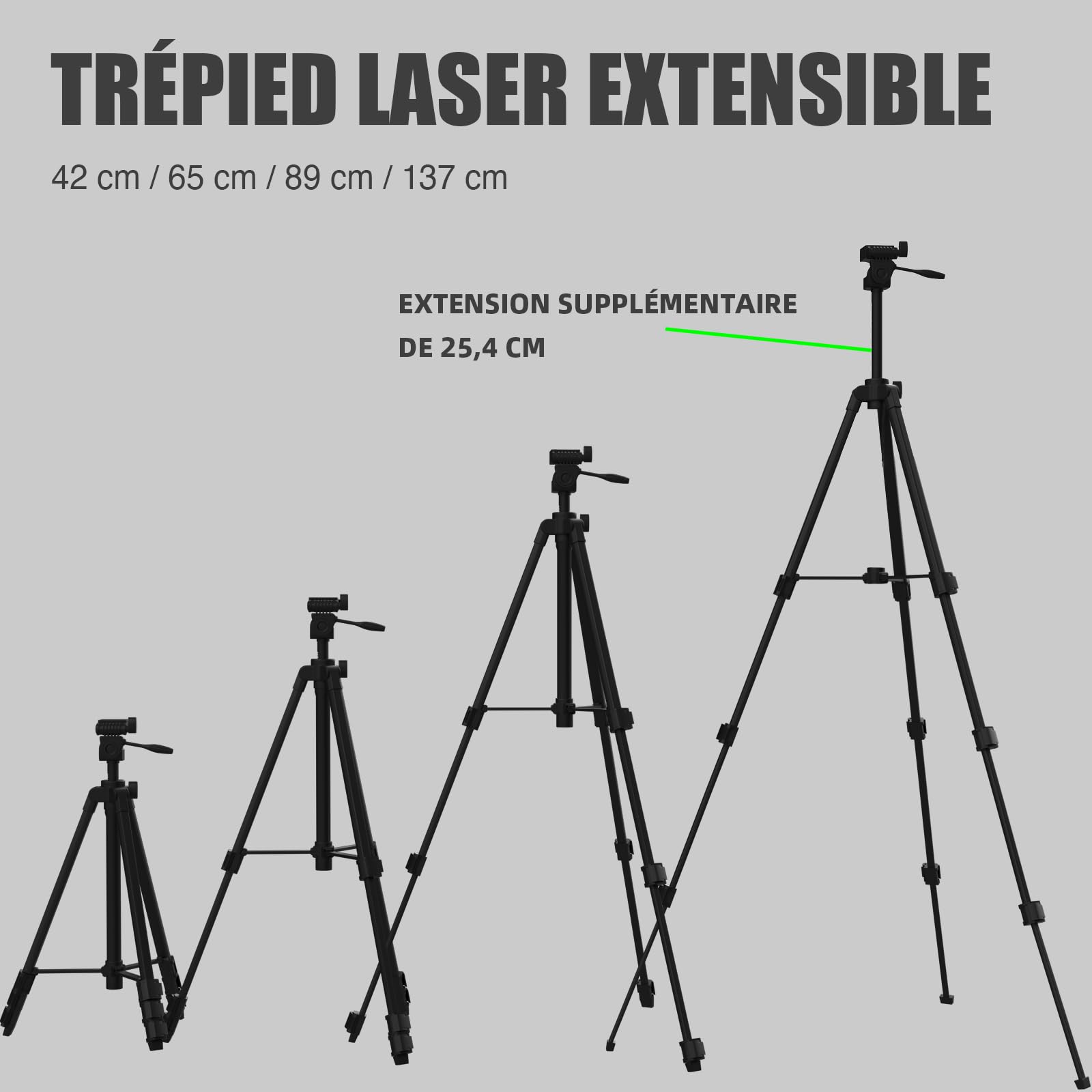 Trépied en aluminium léger 137 cm pour niveau laser, équipé d'un niveau à bulle vert, d'une vis 1/4 de pouce et d'une rotule 3D pour le nivellement précis des lignes laser