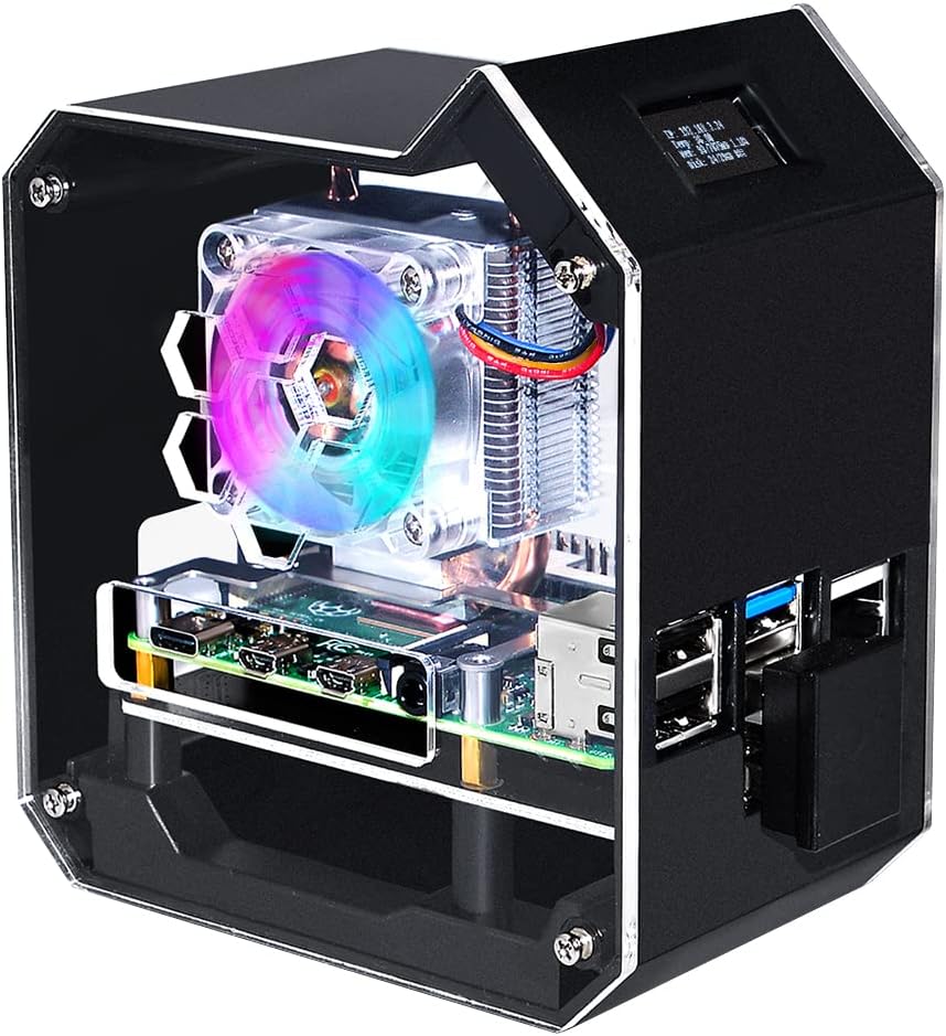 GeeekPi Mini Tower NAS Kit for Raspberry Pi, Pi ICE Tower Cooler with PWM RGB Fan, M.2 SATA SSD Expansion Board, GPIO 1 to 2 Expansion Board for Raspberry Pi 4 Model B