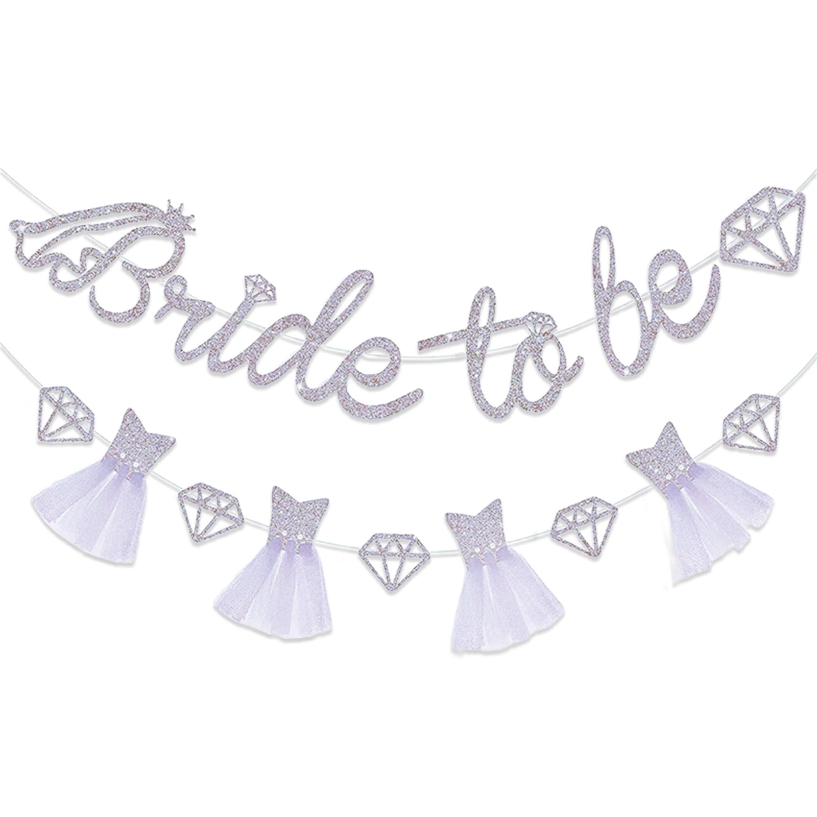 Bridal Shower Decorations, Bride to be Banner with Wedding Dress Diamond Garland, Silver Glitter Garland Bunting for Bridal Shower Engagement Wedding