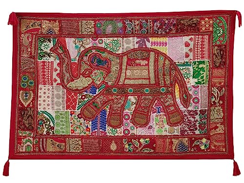 Image of Ekam Art Rajasthani Handmade Heavy Elephant Embroidery Cotton Patchwork Tapestry Cotton Wall Decor Hanging Beaded Tapestries Home Living Room Decor 40 x 60 Inch (Red)