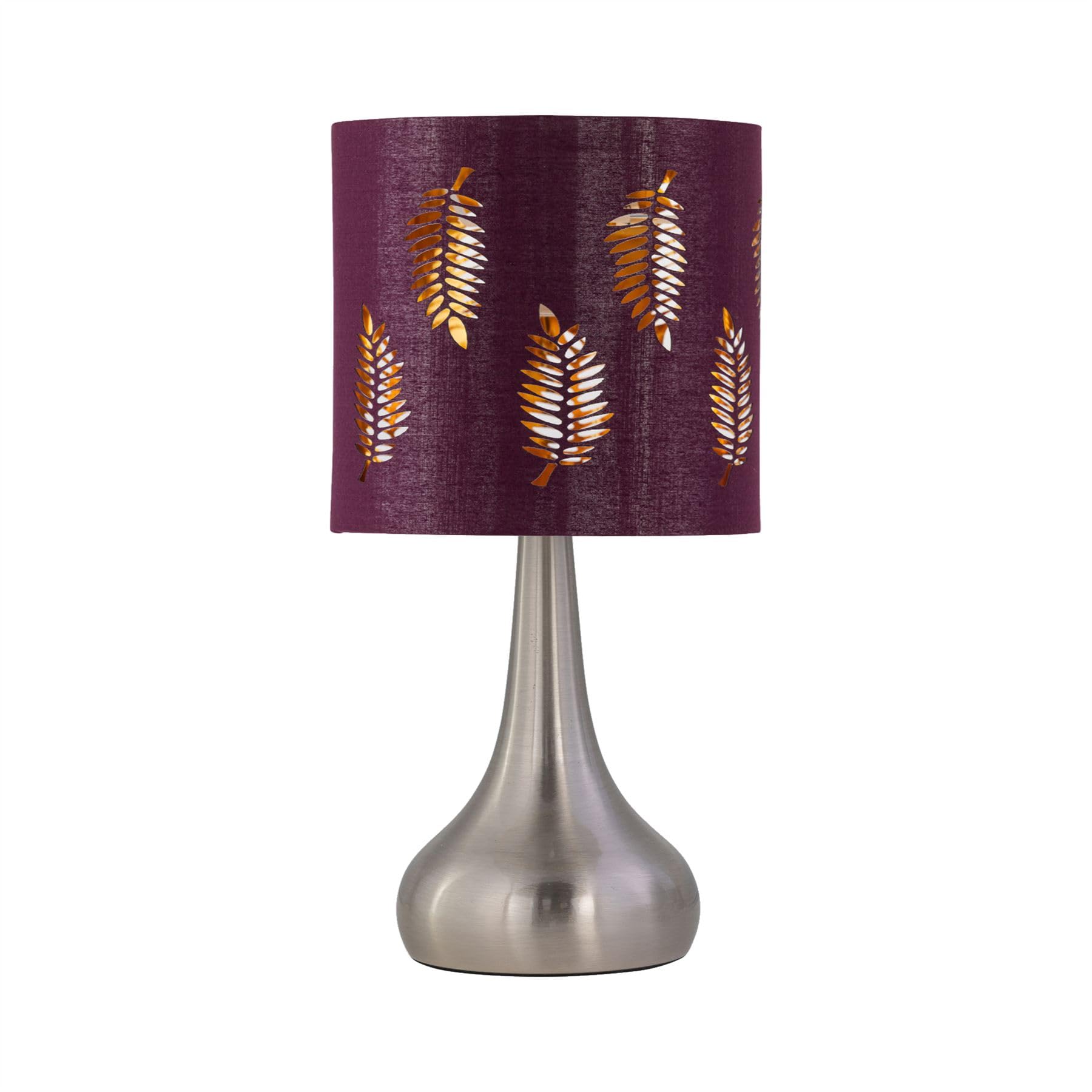 firstchoicelighting Brushed Chrome Touch Operated Table Lamp or Bedside Light, Modern Design, Height 36cm, Burgundy Fern Shade, LED Compatible