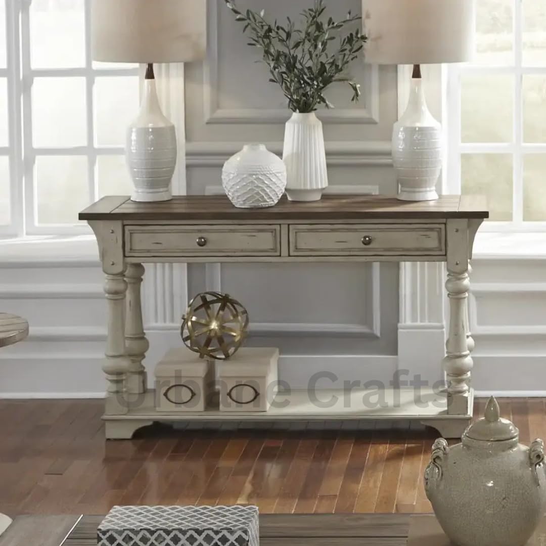 Wooden Carved Console Table | Solid Mango Wood, Antique White Distress | Decorative Table for Living Room, Hallway, Entryway, or Office | 52 x 30 x 16 Inches, White Deco-image-12