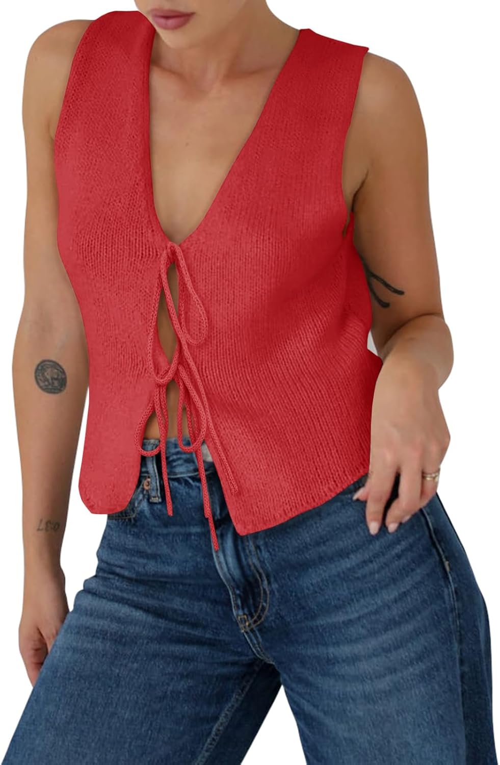 Yousify Womens Sweater Vests Tie Front Knit Vest Summer Ribbed Tank Tops Y2k Cute Vests Fashion Casual Sleeveless Tops