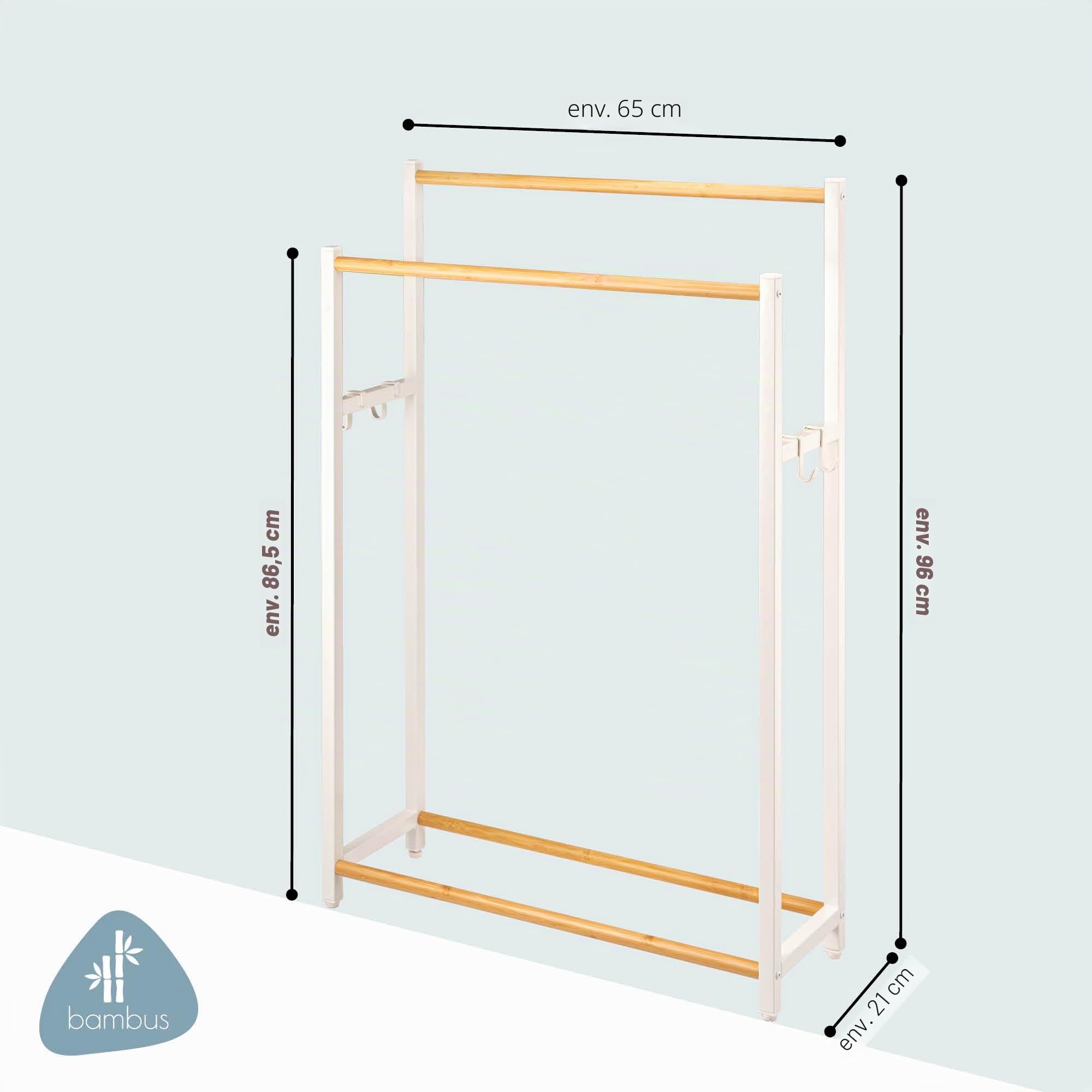 eluno Porte-Serviettes sur Pied en métal avec Bambou, Extra Large, pour Grandes Serviettes de Douche, Porte-Serviettes de Bain, avec 2 Barres Porte-Serviettes et 4 Crochets (Blanc)