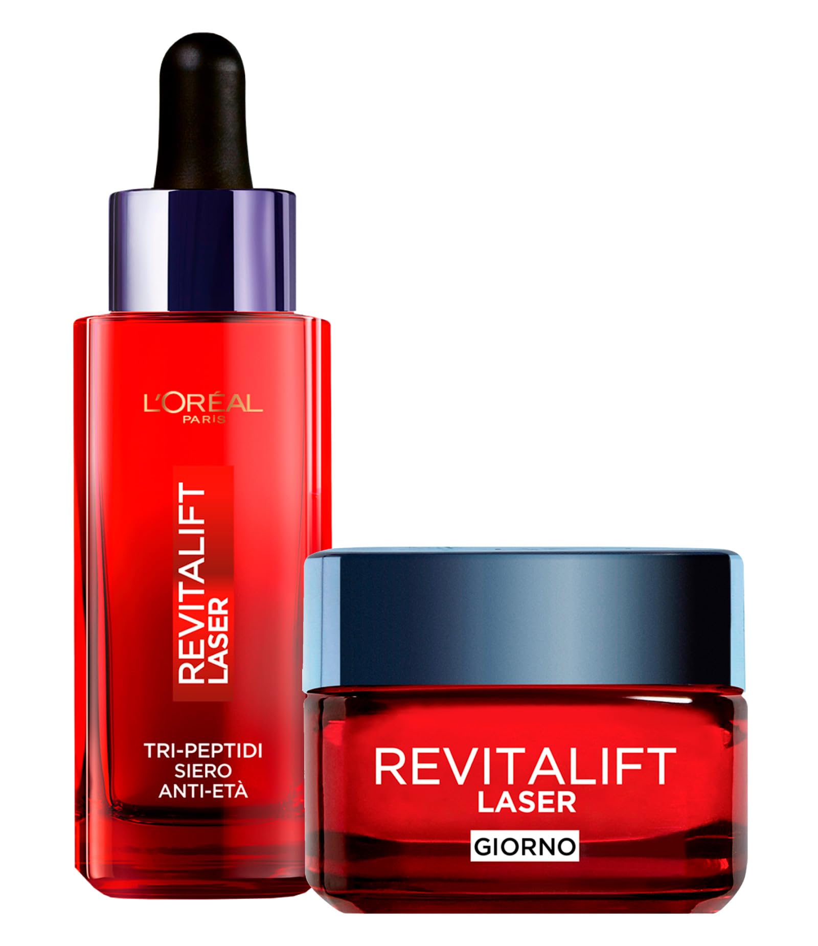 L'Oréal Paris Revitalift Laser Crema Tripla Azione Anti-Età Illuminante 50ml + Revitalift Laser Tri-Peptidi Siero Anti-Età Rimpolpante con Acido Ialuronico e Vitamina C 30ml - Set da 2