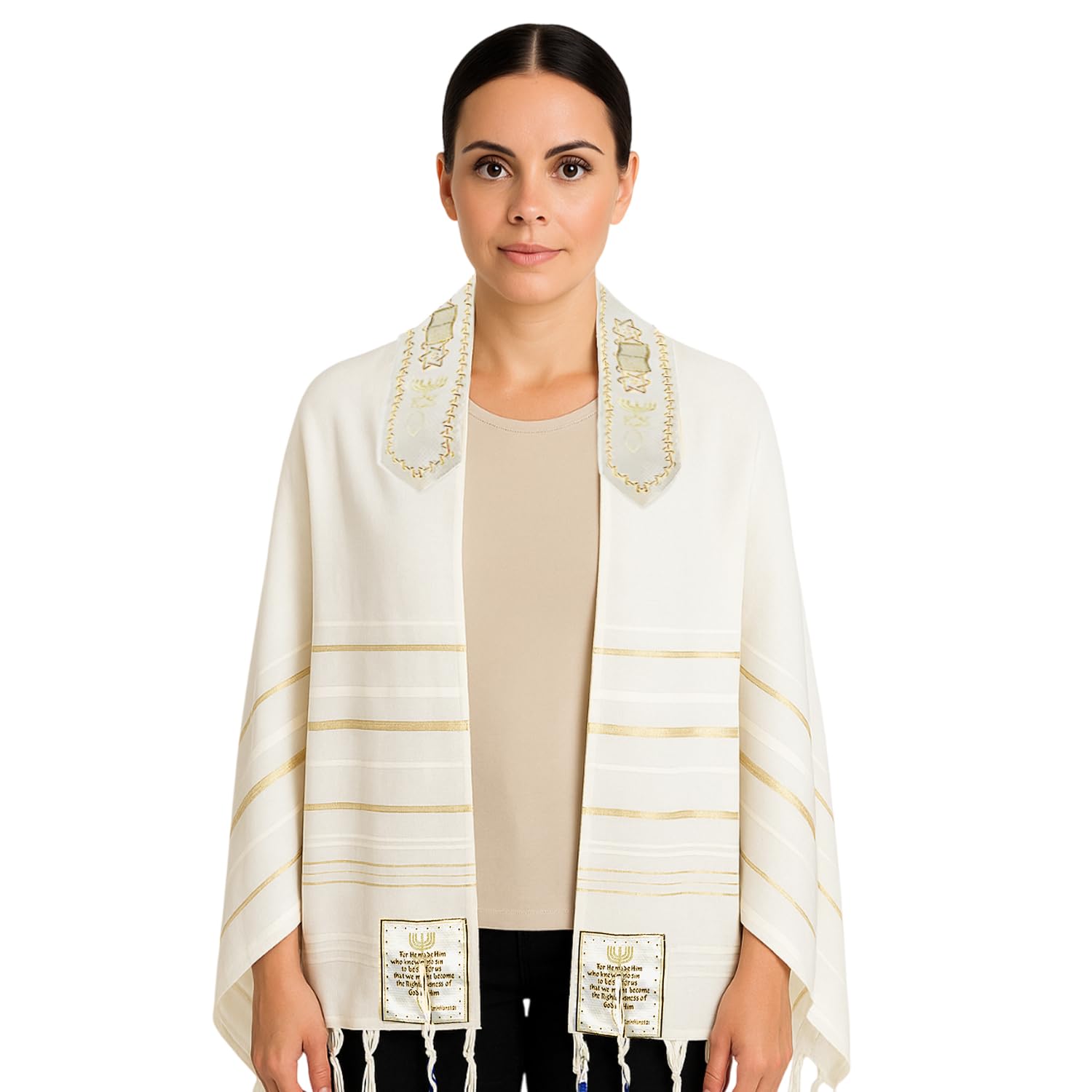 Holy Land Market Messianic Christian Shawl/Tallit - The Messiah Tallit (72 x 22 Inches), All White/Gold, Small