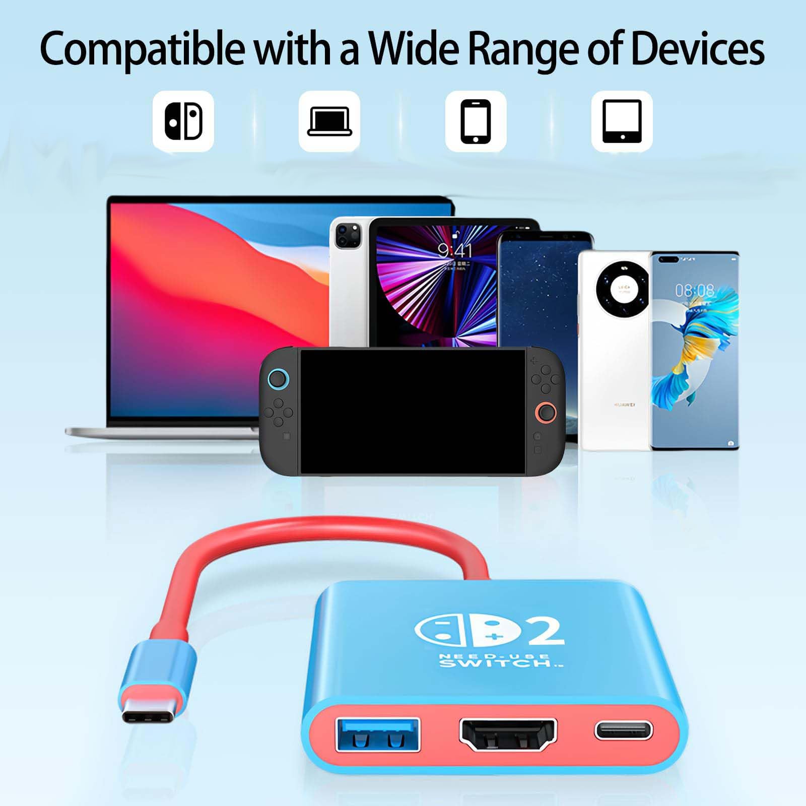 Switch 2 TV Dock, Portatile Base Support Compatibile con Nintendo Switch 2 Console,3 in 1 Docking Station Supporto 4K HDMI/USB 3.0/PD 100W Port, Dock Switch 2 (Rosso e Blu)