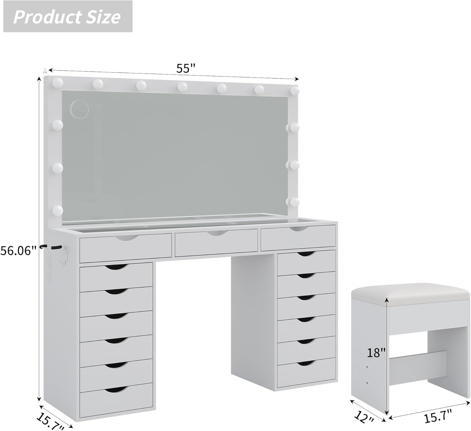 Product dimensions diagram for the vanity desk and stool