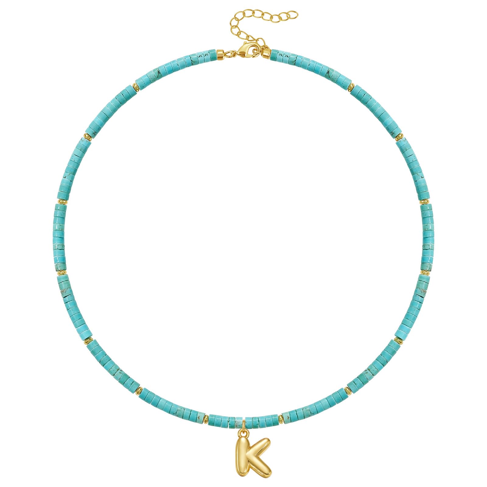 KELORIS PATH Beaded Initial Necklace for Women, 14K Gilded Plated Bubble Letter Pendant Natural Handmade Stone Choker Boho Colorful Summer Beach
