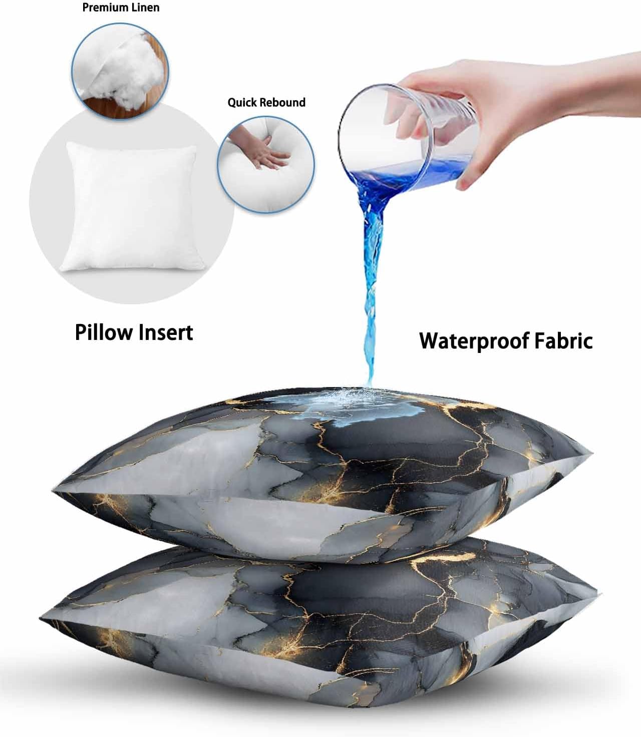 Outdoor Waterproof Throw Pillows Gold Lines Black Marble Texture Patio Pillows Pack of 2,Decorative Pillow Covers with Insert,Pillow Cushion Case for Garden Couch Sofa Gradient Abstract Art