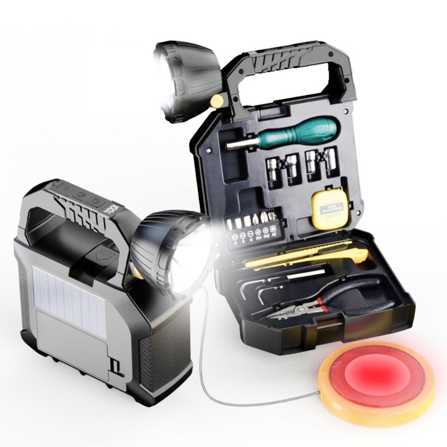 LED Searchlights Spotlight,15- In-1 Multi-Functional Tool Kits, 20000LM 5 Modes Rechargeable LED Flashlight with Tool Sets Tape Measure Knife Screwdriver Handle for Home Outdoor Emergency