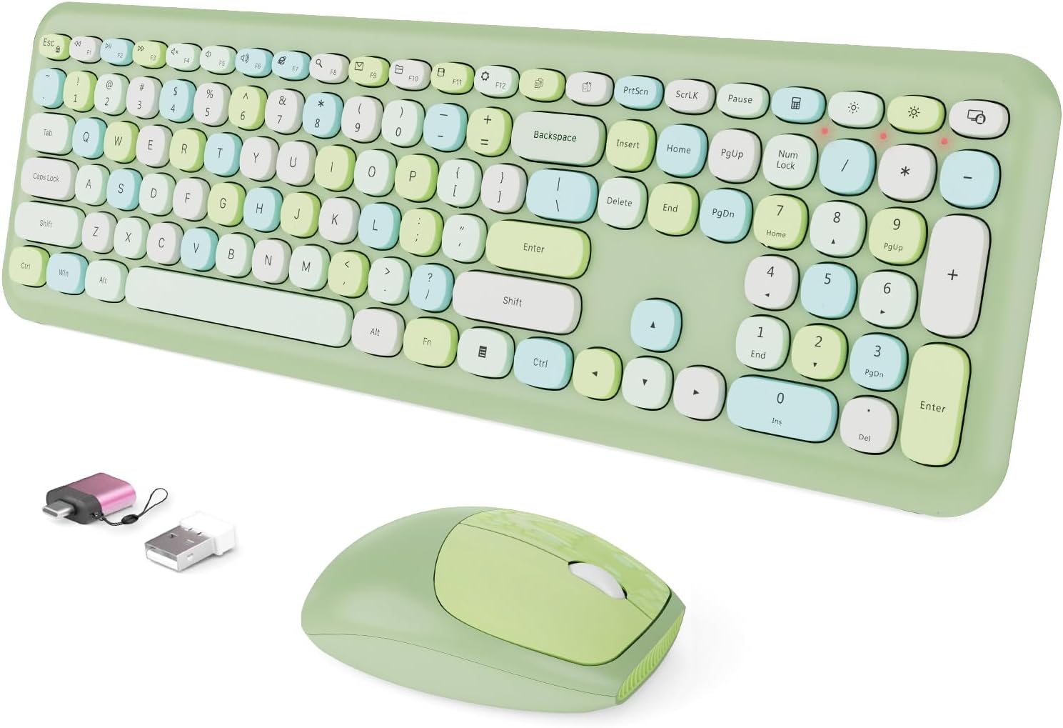Wireless Keyboard and Mouse Combo, Colorful Ergonomic Full Size Retro Low-Noise Keyboard with Cute keycaps, Compatible with Windows, PC, Perfer for Home and Office Keyboards (Green) Verdant Green