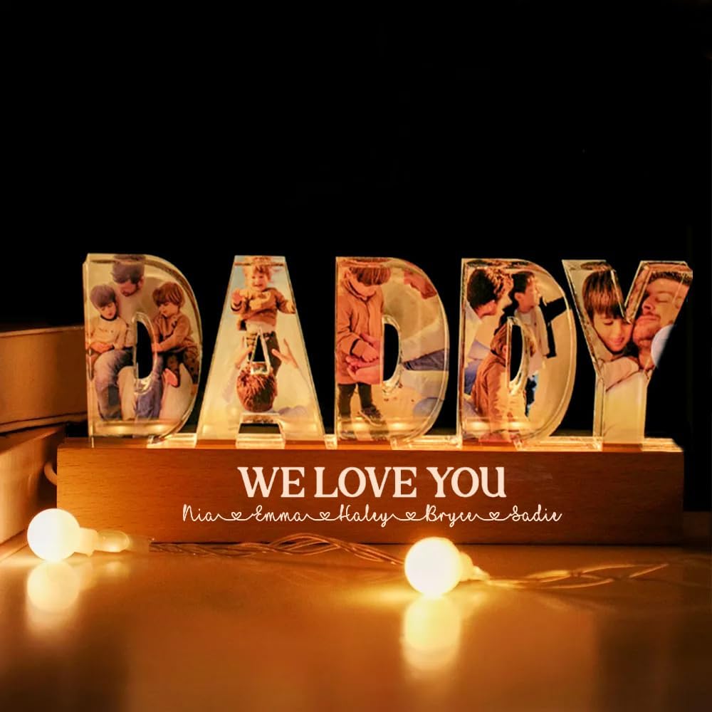 Personalized We Love You Daddy & Kid Custom Photo Acrylic LED Night Light, Custom Kid's Names with Image for Dad Gift, Fathers Day & Christmas Birthday Gifts, Decor