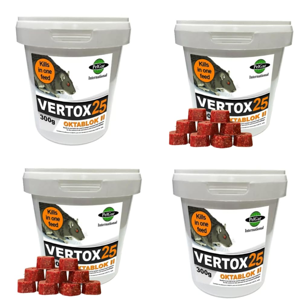 Rat Mouse Poison Bait Blocks Single Feed Cost Effective Rodent Control VERTOX 25 OKTABLOK II 300g Tub Fast Acting Blocks All Weather Rodent Control Pack of 4.