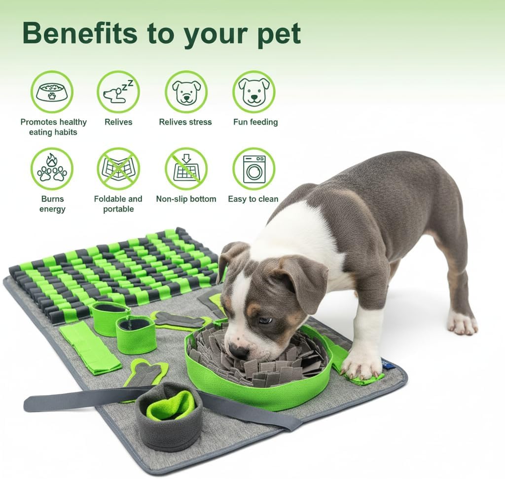 Snuffle Mat for Dogs, L Size Green Interactive Dog Sniffing Pad, Non-Slip Puzzle Toy for Medium Large Breeds, Washable Foraging Mat for Boredom Anxiety Relief
