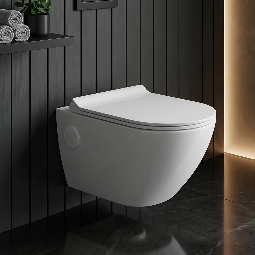 Greta WINDOW 21" Wall Hung Western Toilet Seat | Premium Ceramic Wall Mounted WC | DURALAST (UF) Slow Motion Seat Cover | Modern Concealed Design | White-image-8