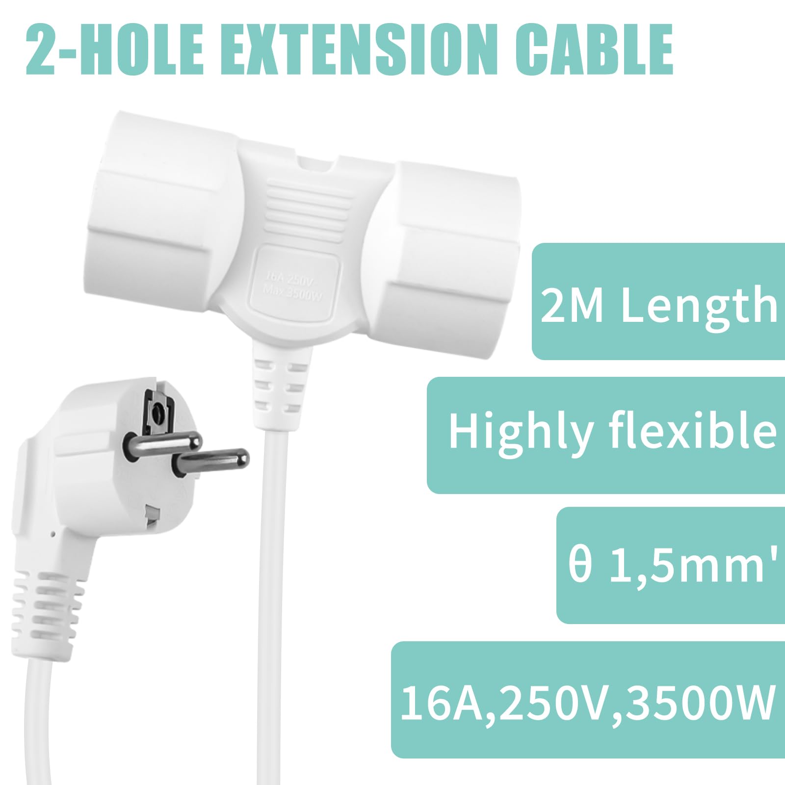 Doppelstecker Verlängerung – Kurzes 2-fach Verlängerungskabel, 250V/16A, 3680W Max, Weiß Mit PVC-Kabel