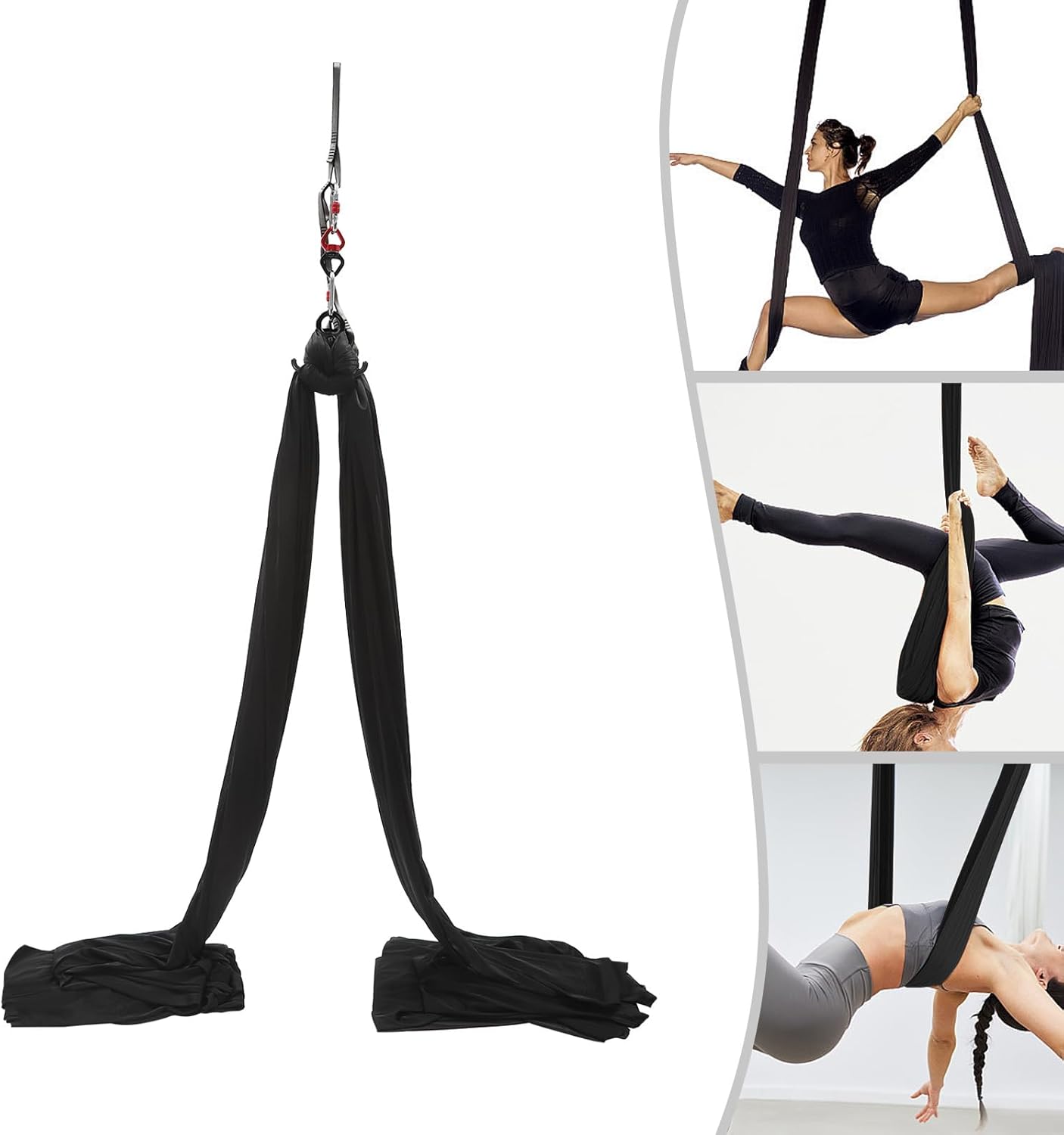 Deluxe Aerial Yoga Hammock Set – 10m/32.8ft Heavy Duty Polyester Aerial Silks Swing for Acrobatic, Circus Arts, Dance – 440lbs Capacity Yoga Trapeze with Extension Straps & Carabiners – Black
