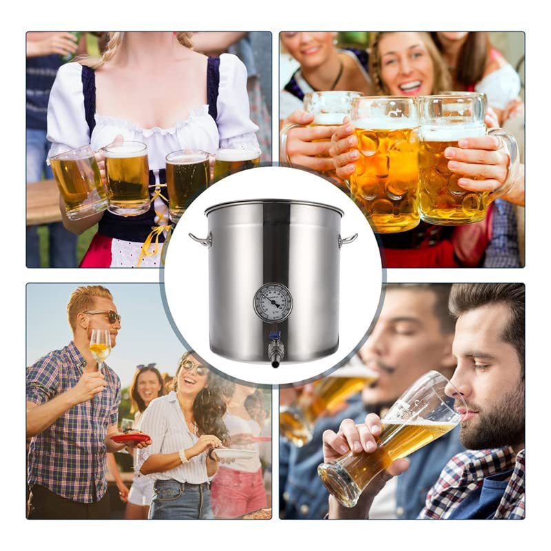 Hervidor de acero inoxidable con tapa de termómetro y válvula de bola para elaboración casera, ideal como olla de cerveza o puré