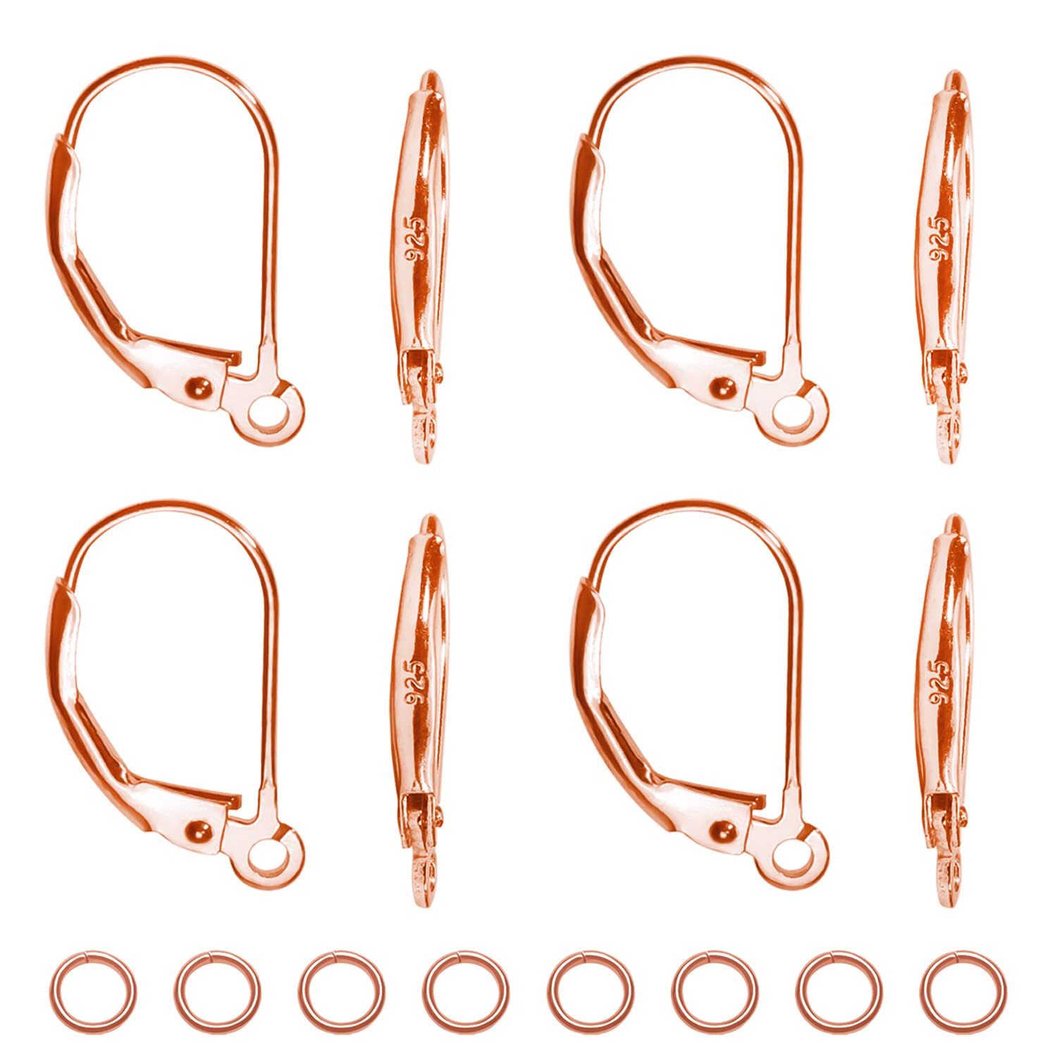 TOAOB 8pcs 925 Sterling Silver Leverback French Earring Hooks Hypoallergenic Dangle Earwire Findings Rose Gold 16X9mm with Jump Rings for Jewelry