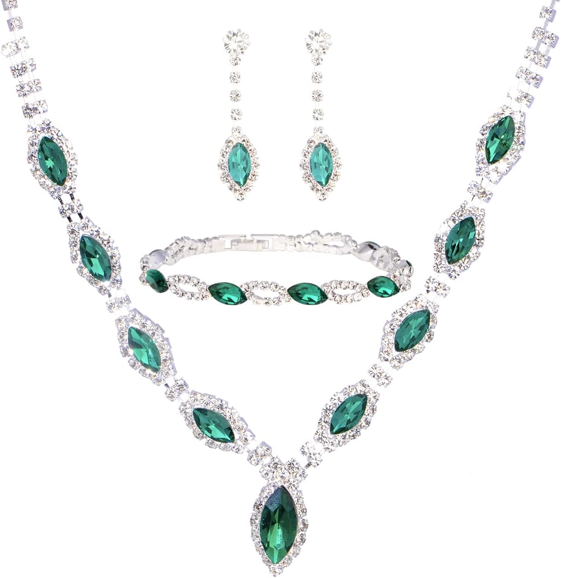 3 Piece Jewelry Set for Women - Silver Marquise Rhinestone Austrian Crystal Bridal Bride Bridesmaids Statement Choker Necklace Dangle Earrings Link Bangle Bracelet for Wedding Prom Party Girls Costume Jewelry