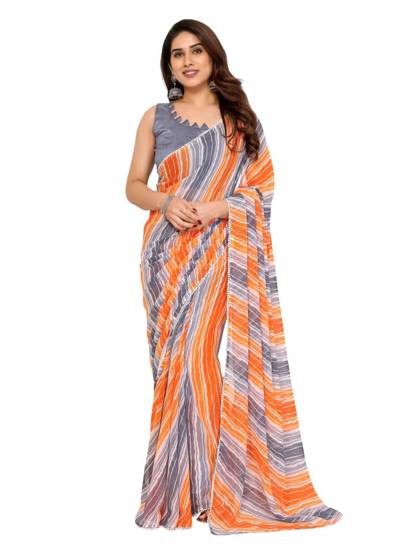 MOHIT CREATIONS Women's Party Wear Georgette Printed Border Ready To Wear Saree With Unstiched Blouse Piece