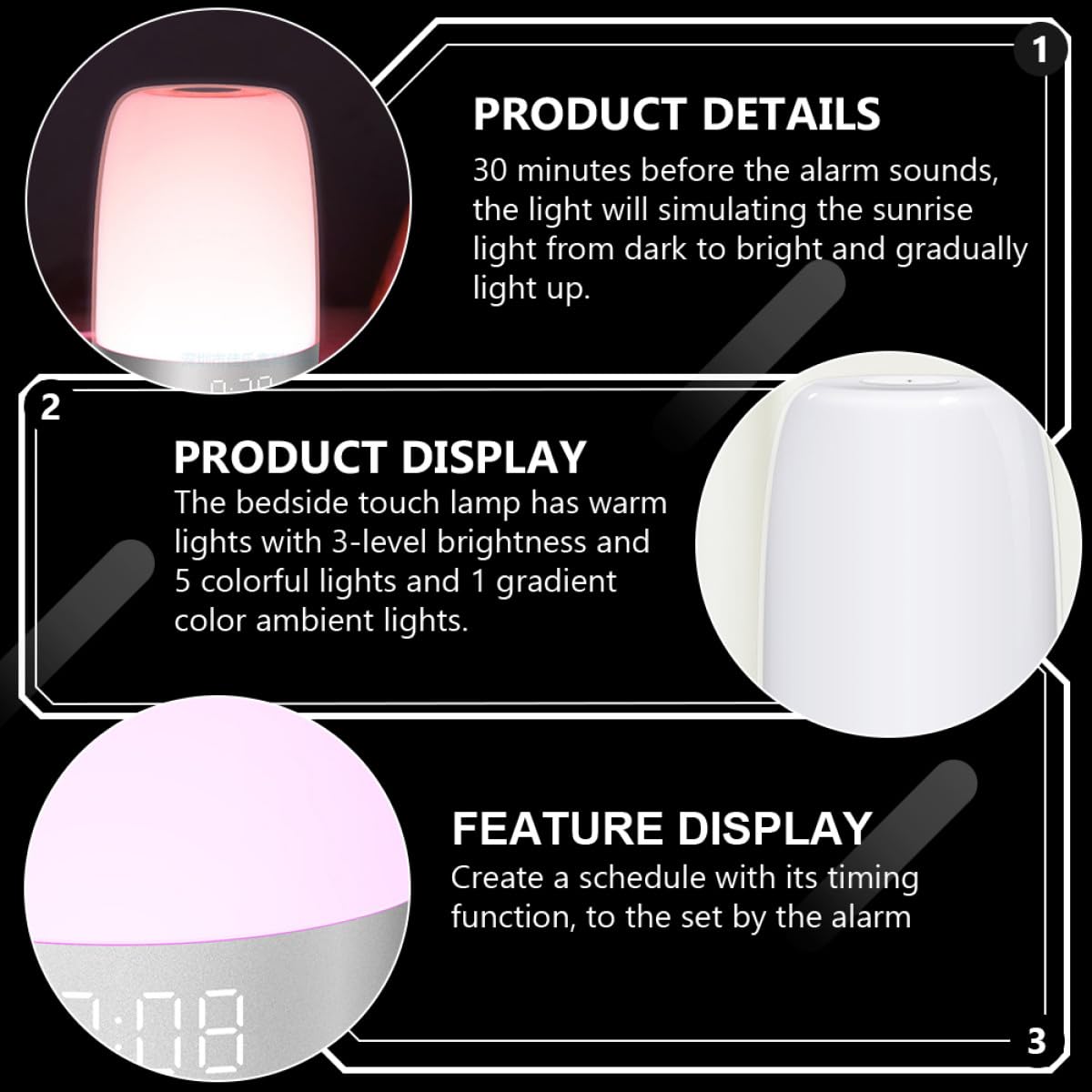 Artibetter Veilleuse de Réveil LED Tactile Mode Réveil Coloré, Minuterie Intégrée, en Abs Blanc pour Chambre à Coucher