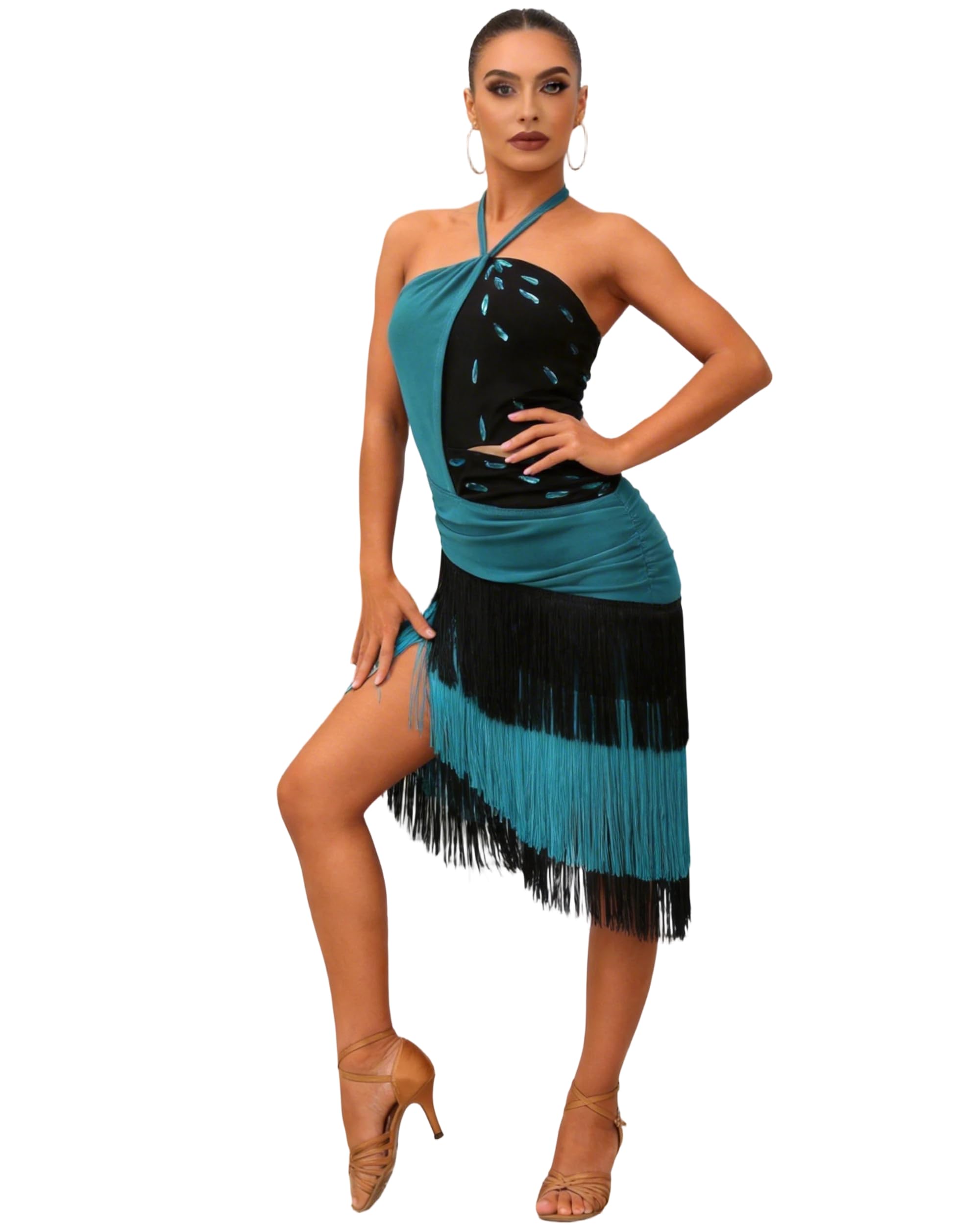 ROYAL SMEELA Abito da Danza Latino con Collo Halter,Vestito da Ballo Latino con Frange,Vestito Ballo Salsa Donna con Strass,Abiti Danza Tango Samba Rumba in Blu