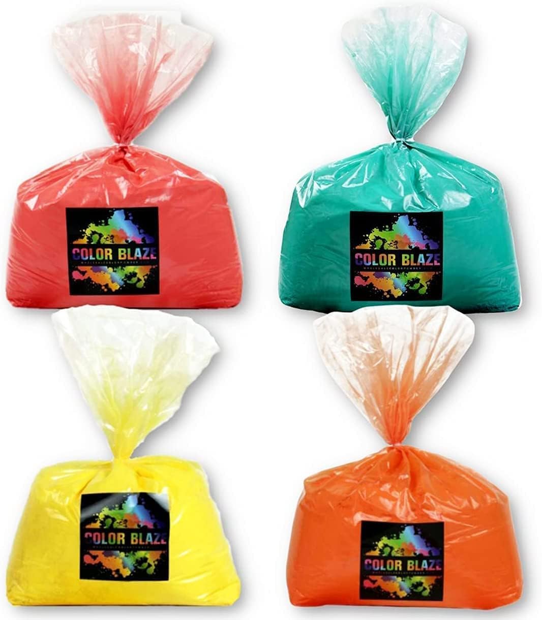 Color Blaze Holi Colored Powder - 5 lbs of Each Color - Red, Orange, Yellow, Teal - for Toss, Rangoli, Fun Run, War, Party & Festival - Pack of 4 Bags - 20 Pounds in Bulk
